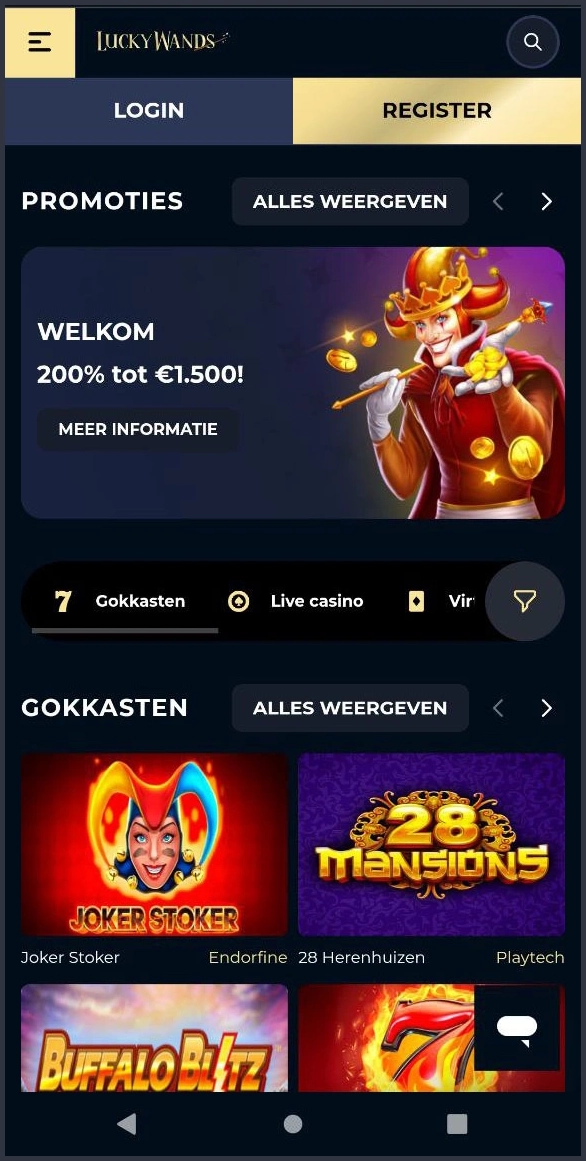 Overzicht van de hoofdpagina voor Lucky Wands Casino